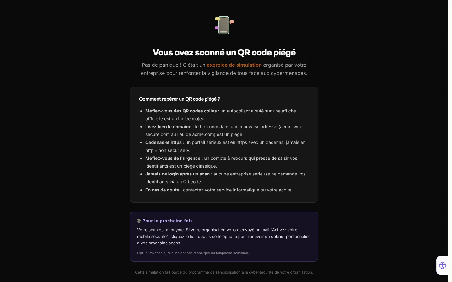 Page de bilan ROOMCA après le scan : « Vous avez scanné un QR code piégé », puis comment repérer un QR code piégé