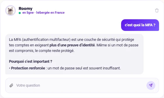 Conversation avec Roomy : la question « c’est quoi la MFA ? » et sa réponse.
