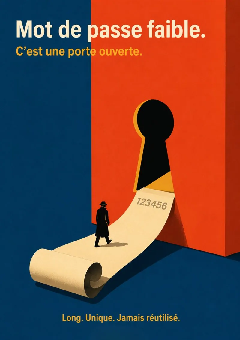 Affiche « Mot de passe faible. C'est une porte ouverte. », règle d'or : long, unique, jamais réutilisé.
