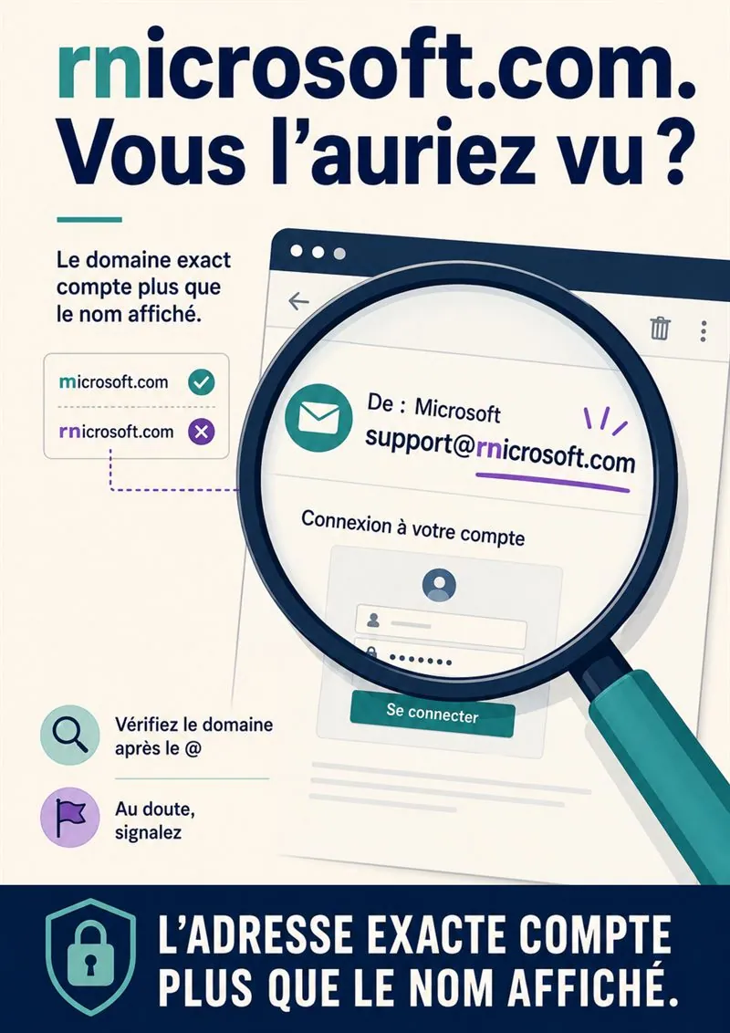Affiche « rnicrosoft.com. Vous l'auriez vu ? » : une loupe sur l'adresse de l'expéditeur, deux gestes, et la règle d'or « L'adresse exacte compte plus que le nom affiché ».