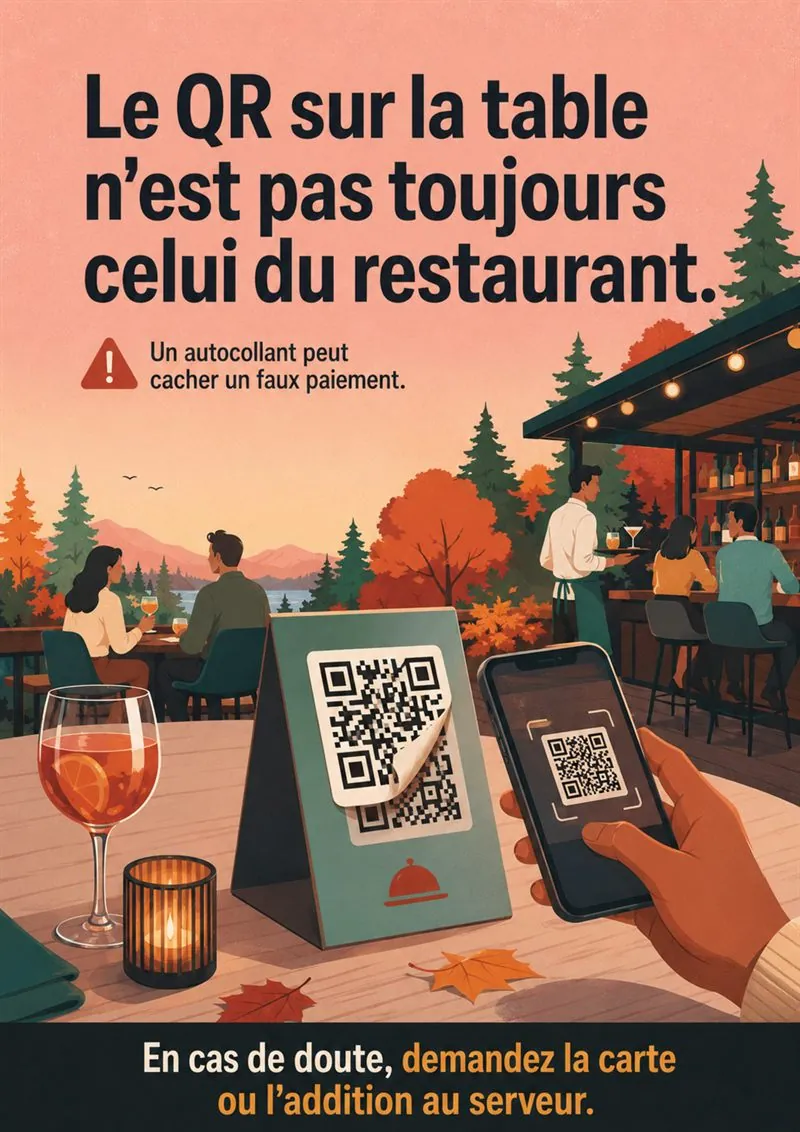 Affiche « Le QR sur la table n'est pas toujours celui du restaurant. » : un autocollant posé sur le QR code d'un chevalet.
