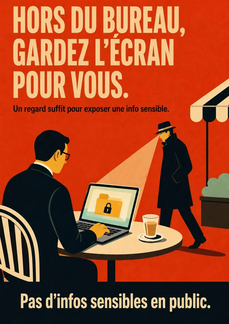 Affiche « Hors du bureau, gardez l'écran pour vous. » : un regard indiscret en terrasse, règle d'or : pas d'infos sensibles en public.
