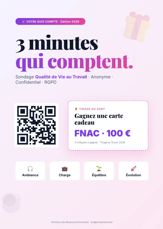 Affiche A4 « sondage qualité de vie au travail » avec QR code et carte cadeau à gagner