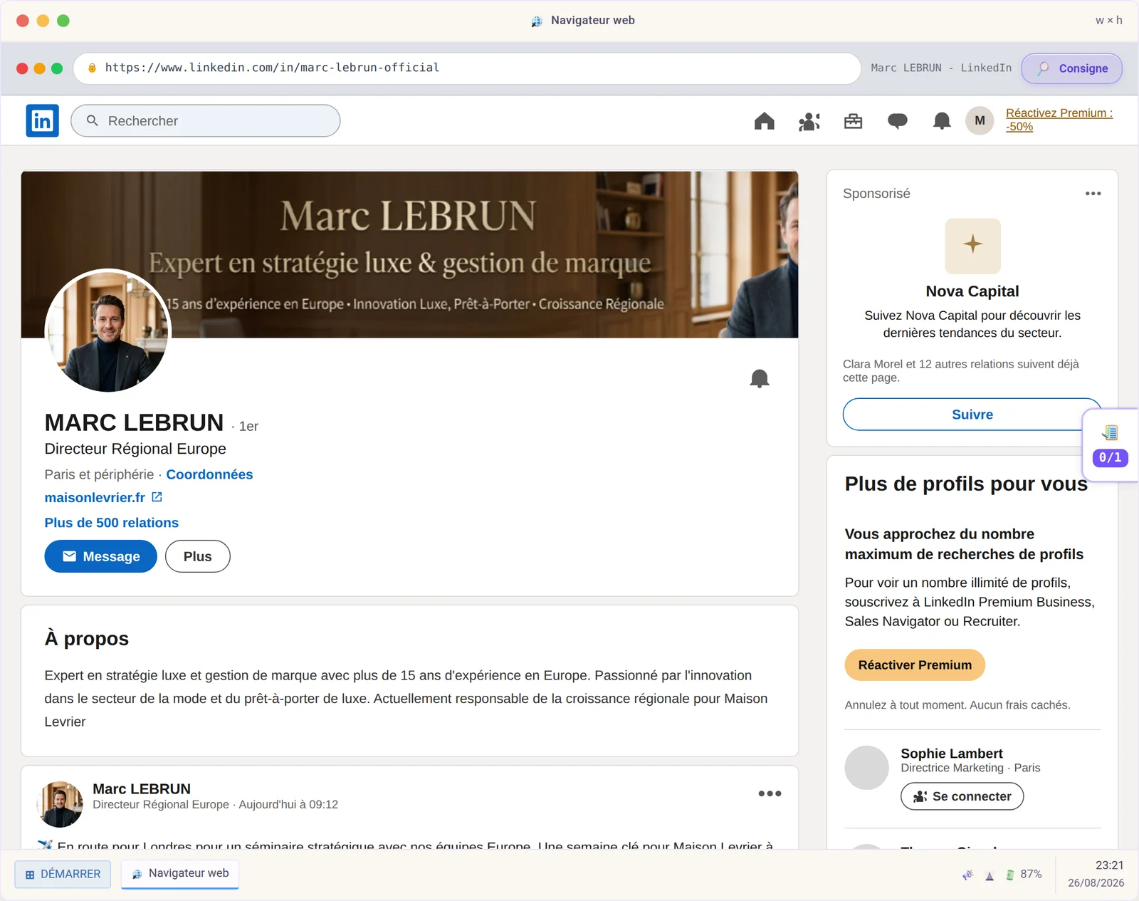 Un faux profil professionnel consulté dans le navigateur simulé d’une immersion ROOMCA.