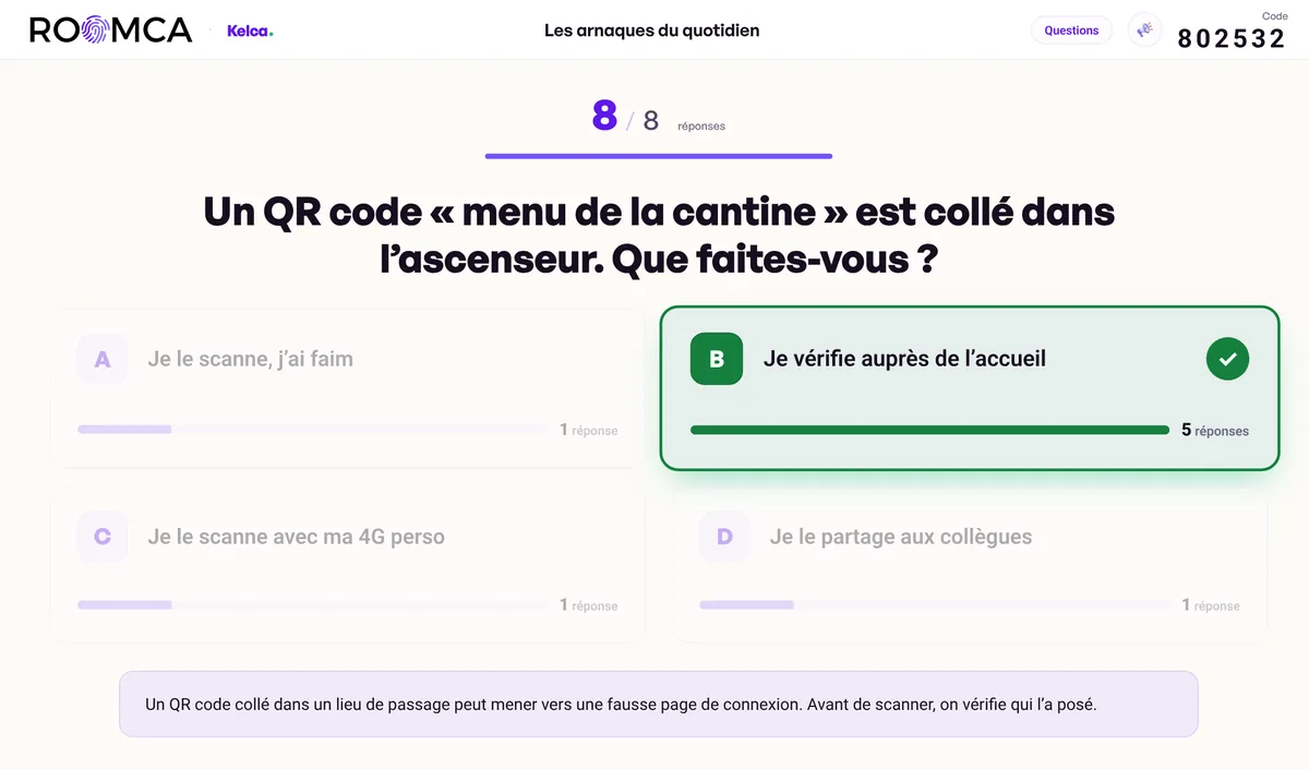 Correction Kelca projetée : la bonne réponse en vert, le nombre de réponses par choix et l'explication.