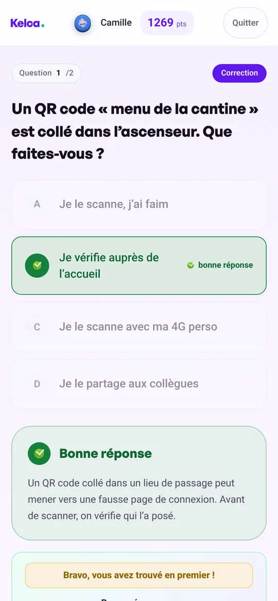 Téléphone : bonne réponse, avec l'explication et les points gagnés.