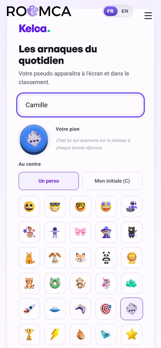 Téléphone : saisie du pseudo et choix du pion pour rejoindre la séance.
