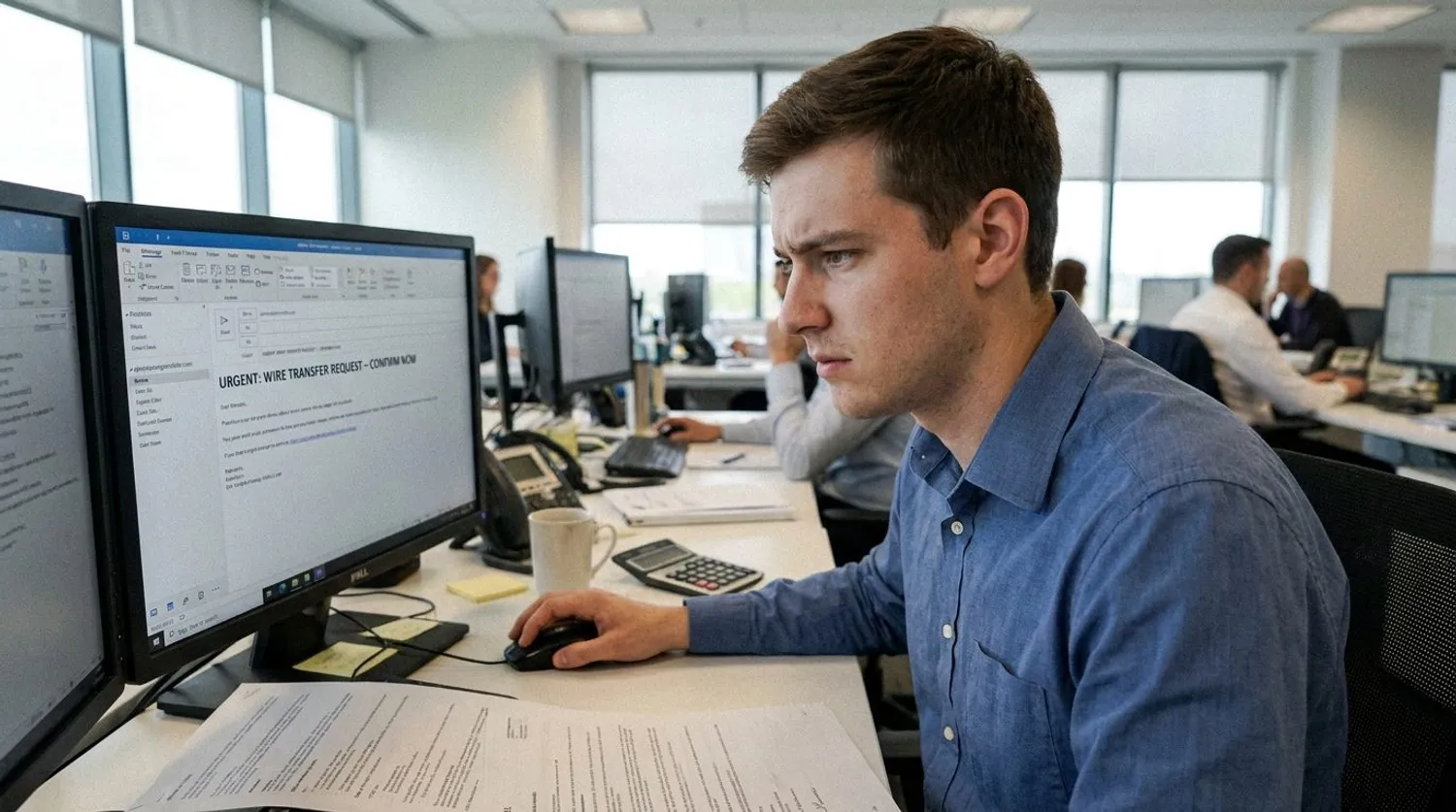 Un collaborateur lit un mail de virement urgent à son poste