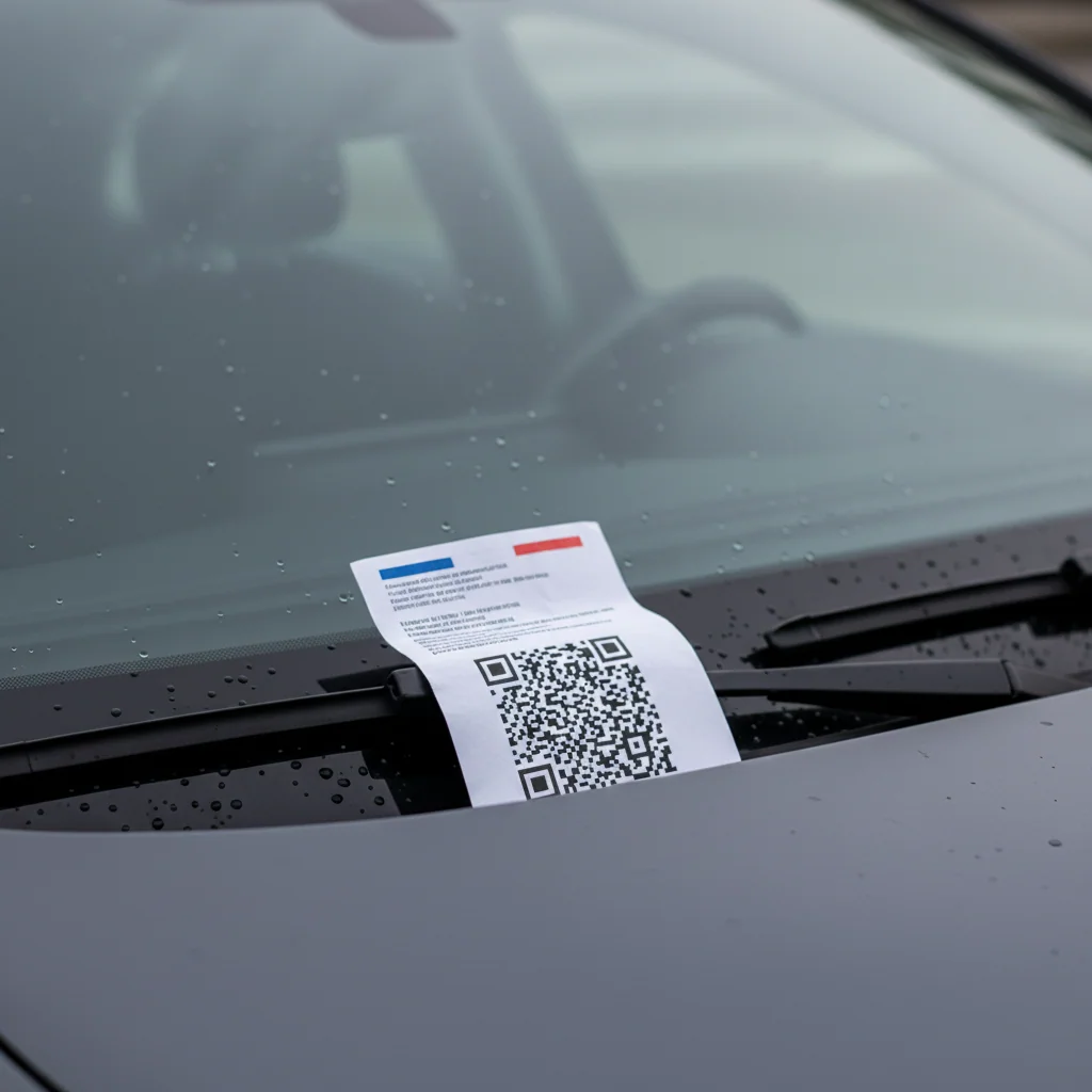 Faux avis de stationnement avec QR code glissé sous un essuie-glace