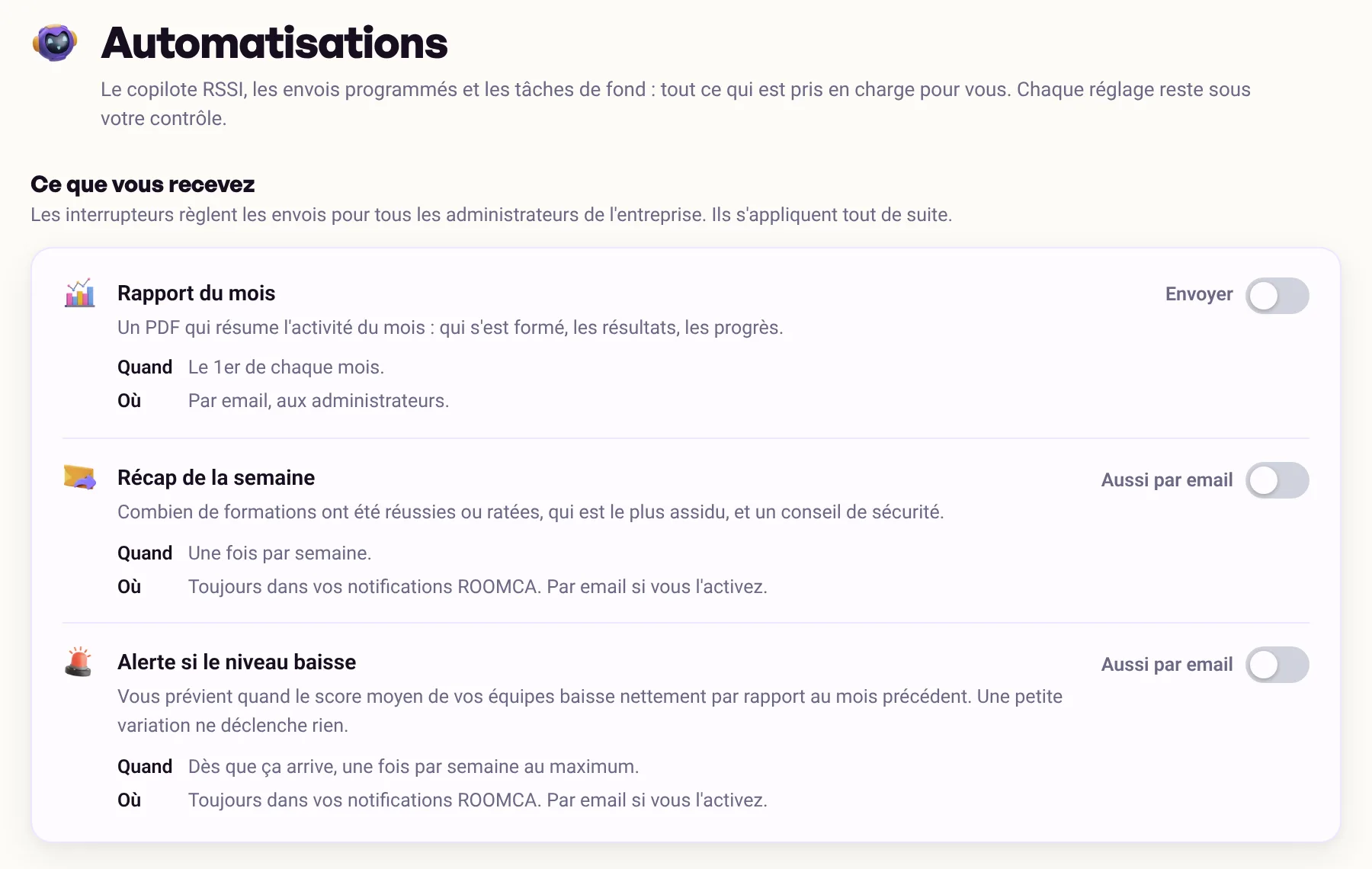 Page Automatisations : « Ce que vous recevez », rapport du mois, récap de la semaine et alerte si le niveau baisse, chacun avec son interrupteur.