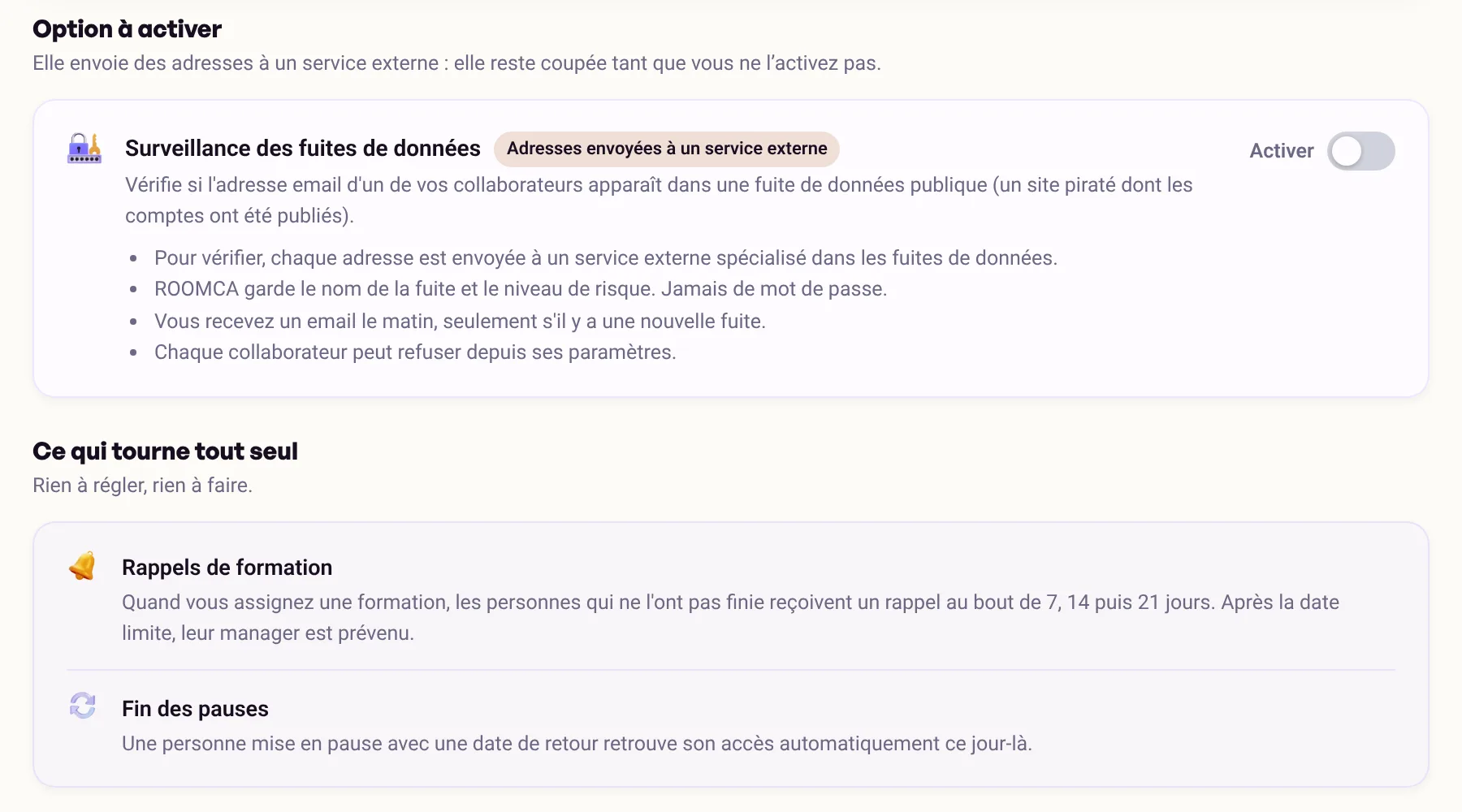 Page Automatisations : surveillance des fuites de données à activer, puis « Ce qui tourne tout seul » : rappels de formation et fin des pauses.
