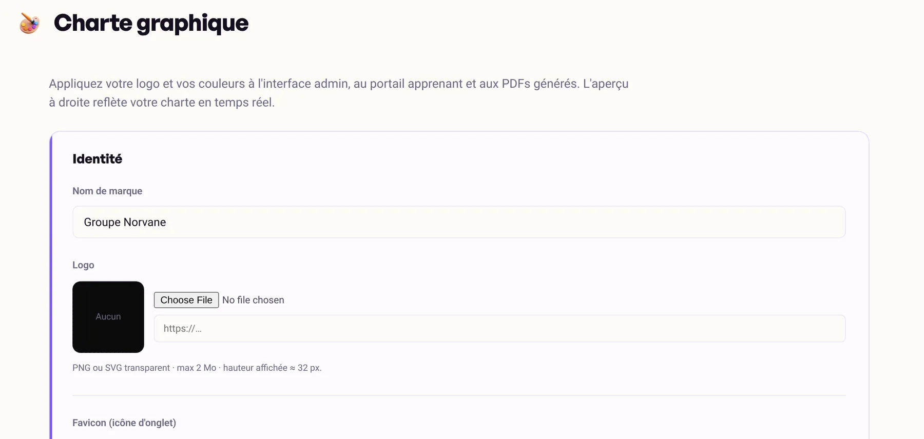 Page Charte graphique : nom de marque, logo, favicon.