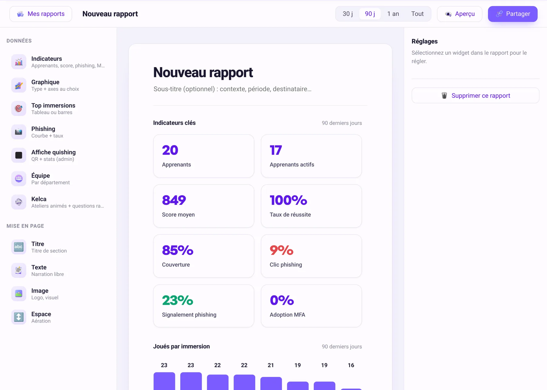 Éditeur de rapport sur mesure : blocs de données et de mise en page.