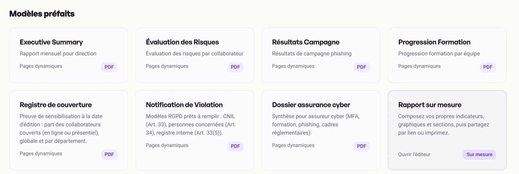 Page Rapports : modèles préfaits au format PDF et entrée vers le rapport sur mesure.