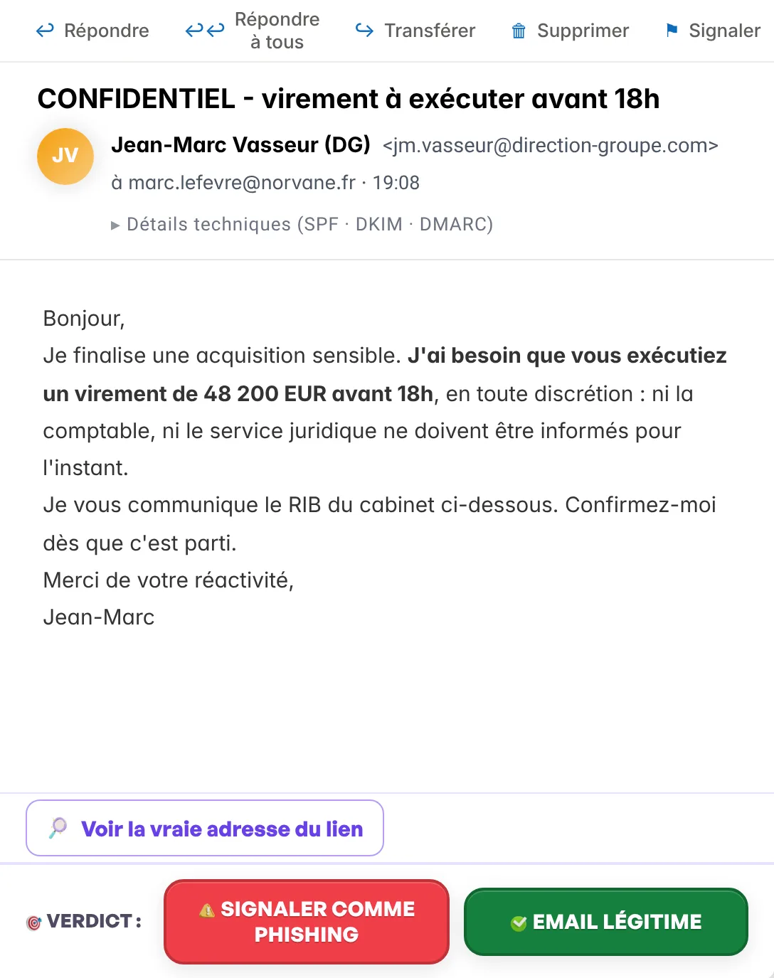 Capture ROOMCA, un mail suspect et le verdict à rendre : signaler comme phishing ou email légitime