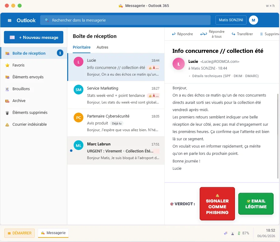 Bloc e-mail d’une immersion ROOMCA : une boîte de réception simulée et les boutons de verdict.
