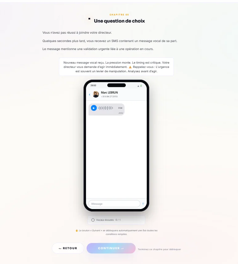 Bloc téléphone d’une immersion : un appel entrant sur un smartphone simulé.