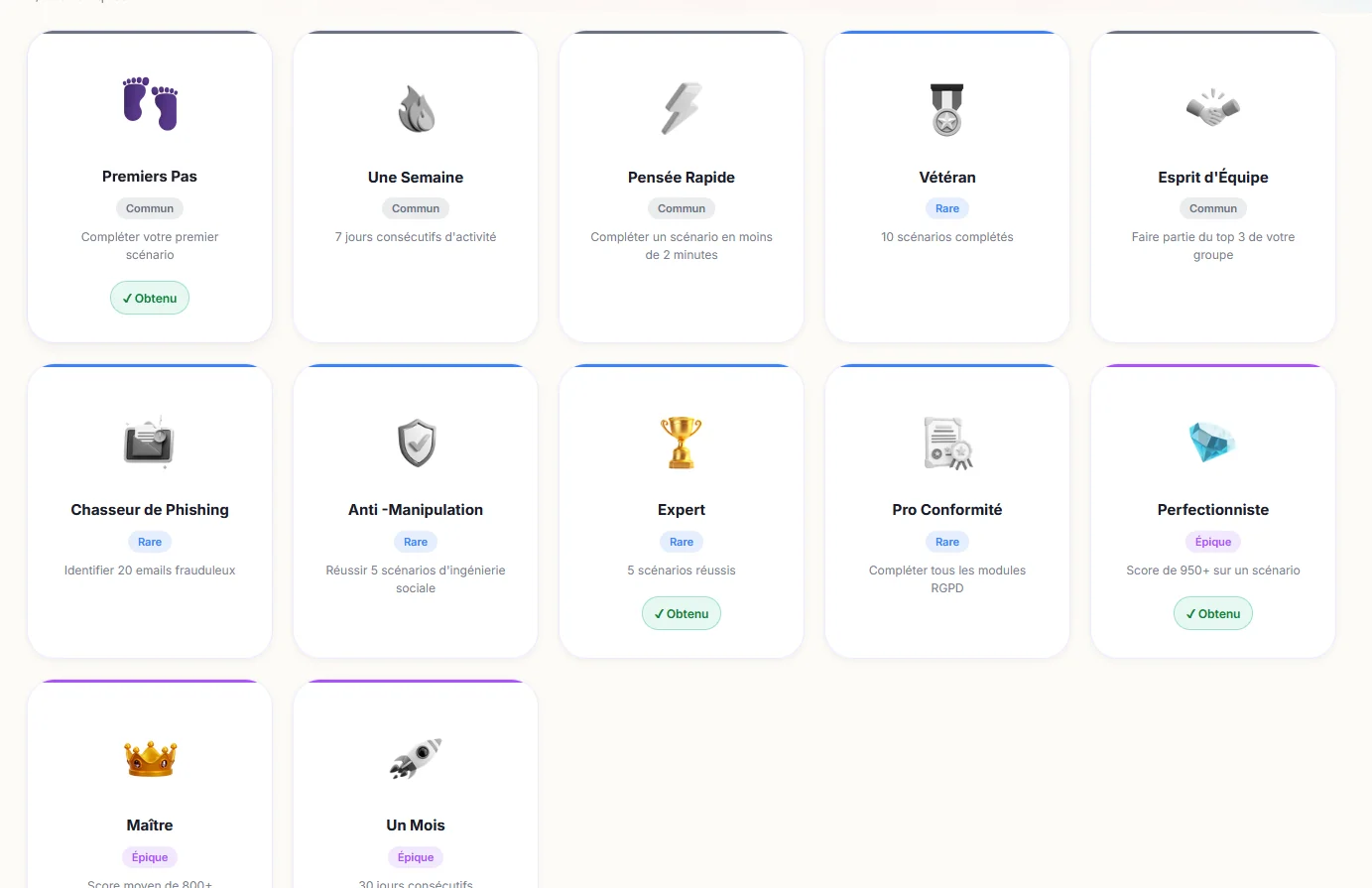 Collection de badges de l’espace apprenant.