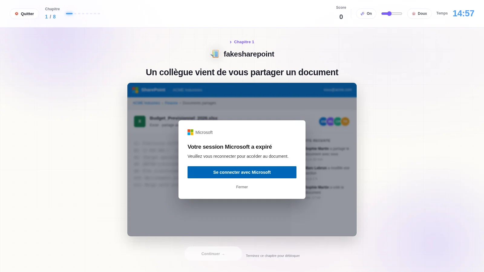 Immersion ROOMCA : un faux partage de document SharePoint demande de se reconnecter à Microsoft.